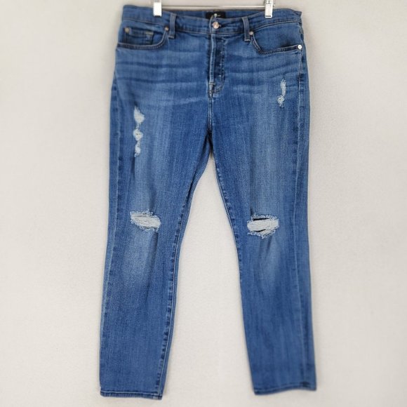 7 For All Mankind Denim - 7 For All Mankind Jeans Womens 31 Blue Boyfriend Tapered Leg Distressed Denim